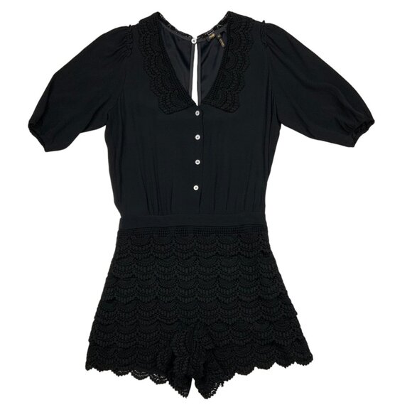 Maje Playsuit Romper 38 US/M Noir Black Lace Tiered Low Cut Back Short Sleeve - Picture 12 of 12